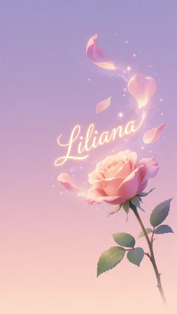 Liliana diseño 8 - Fondo de Pantalla con degradado suave que transiciona de lila en la parte superior a melocotón y rosa pastel en la base, destacando una rosa rosada hiperrealista con tallo y hojas verdes. El nombre brilla en tipografía cursiva con efecto neón cálido, adornado con pétalos cayendo y chispas de luz mágica.