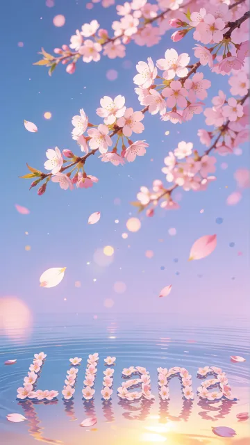 Liliana diseño 9 - Composición serena y onírica con ramas de cerezo en flor (sakura) en la parte superior contra un cielo en degradado de azul suave y lila. Pétalos de color rosa pastel flotan delicadamente en el aire cayendo hacia una superficie de agua tranquila y cristalina. En el centro inferior, el nombre está formado por pétalos de flores con un sutil efecto de relieve 3D y tipografía floral, reflejándose sobre el agua que está iluminada por un cálido destello dorado de luz solar en la esquina inferior derecha.
