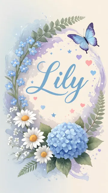 Lily diseño 1 - Hortensias azules, flores pequeñas y acuarela suave con mariposas azules y brillo etéreo