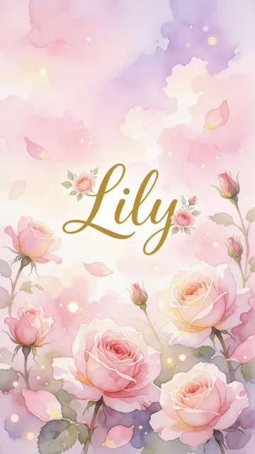 Lily diseño 10 - Diseño estilo acuarela con un fondo etéreo y texturizado en nubes de tonos rosa pastel y lila suave. Presenta composiciones de rosas abiertas y capullos en los bordes inferior y superior, con pétalos cayendo delicadamente. Incorpora destellos de luz cálida (efecto bokeh) y, en el centro, resalta una tipografía elegante, cursiva y fluida en color dorado.