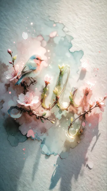Lily diseño 11 - Un delicado diseño de estilo acuarela digital que combina una tipografía de caligrafía personalizada para el nombre en tonos dorados y rosados suaves, adornada con pequeñas hojas y brotes. Un pajarito azul y naranja vibrante está posado en una de las letras. Todo está rodeado por un marco circular de ramas de cerezo en flor con delicadas flores rosadas y blancas. El fondo es un lavado de acuarela difuminado en tonos pastel suaves de azul cerceta, rosa rubor y melocotón sobre una textura de papel rugoso, con destellos luminosos y motas de luz bokeh flotando alrededor, creando una atmósfera mágica y soñadora. Las sombras suaves proyectadas añaden profundidad.