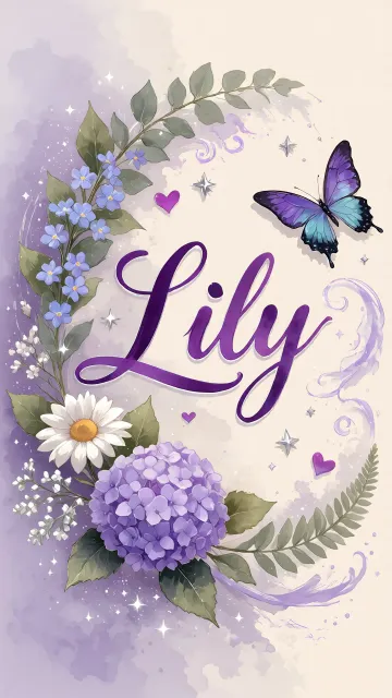 Lily diseño 2 - Diseño elegante de hortensias en tonos lila y morados suaves, con volutas estilizadas y una mariposa mística que aporta un toque etéreo y mágico.