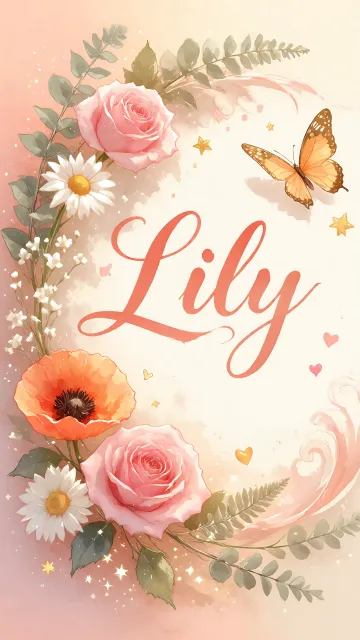 Lily diseño 3 - Elegante composición de rosas rosadas y amapolas naranjas con mariposas doradas brillantes sobre un fondo cálido, romántico y mágico.