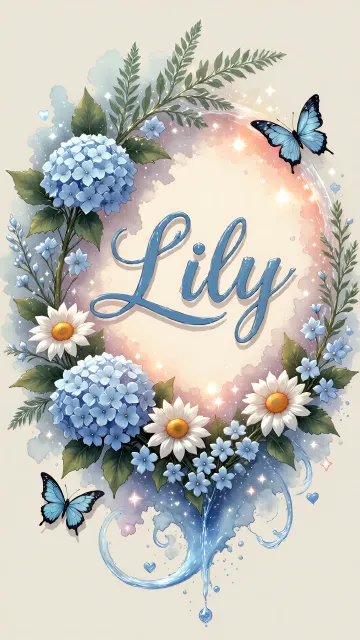 Lily diseño 4 - Composición magica con nombre en letra cursiva azul, rodeado de hortensias azules, margaritas blancas y delicadas flores silvestres, enmarcado por suaves remolinos de agua, mariposas azules y destellos estelares sobre un fondo etéreo y romántico.