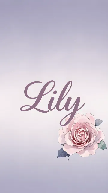 Lily diseño 5 - Nombre en elegante tipografía cursiva caligráfica en tono lavanda, sobre fondo acuarela de cielo nublado en tonos pastel (azul, blanco, lavanda), decorado con rosa en acuarela de pétalos rosa pálido, blanco crema y lilas suaves con hojas en gris-verde.