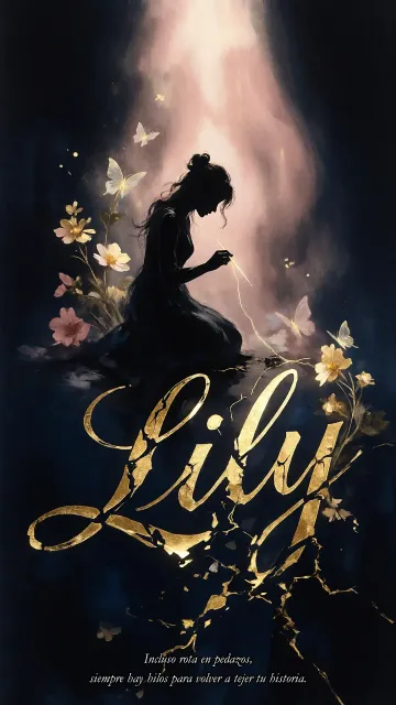 Lily diseño 6 - Composición de ilustración semirrealista cinematográfica con silueta femenina tejiendo un hilo dorado de luz sobre un suelo oscuro fracturado al estilo Kintsugi, donde el nombre resalta en un prominente guión caligráfico dorado que emerge de las grietas, rodeado de flores blancas, mariposas y un fondo degradado de azules profundos iluminado por una luz celestial en tonos melocotón y crema, con una frase de aliento en tipografía blanca en la parte inferior.