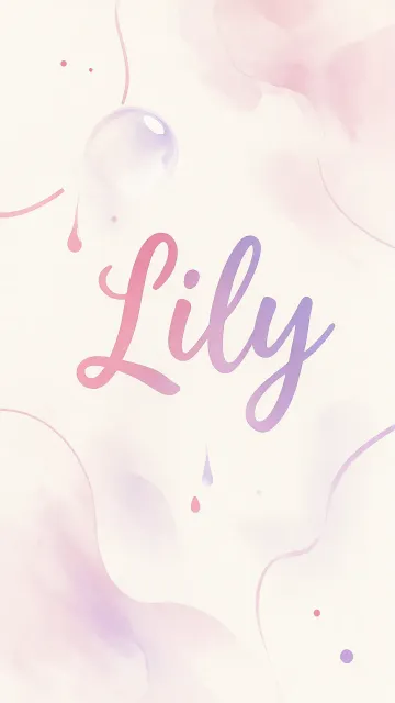 Lily diseño 7 - Diseño abstracto en acuarela sobre fondo crema, con manchas fluidas y etéreas en rosa pastel y lila, líneas curvas que aportan movimiento, pequeñas gotas salpicadas cayendo verticalmente y una burbuja translúcida en la parte superior izquierda. El nombre resalta al centro con una tipografía cursiva amplia y elegante en degradado rosa a morado.