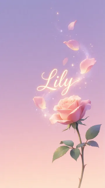 Lily diseño 8 - Fondo de Pantalla con degradado suave que transiciona de lila en la parte superior a melocotón y rosa pastel en la base, destacando una rosa rosada hiperrealista con tallo y hojas verdes. El nombre brilla en tipografía cursiva con efecto neón cálido, adornado con pétalos cayendo y chispas de luz mágica.