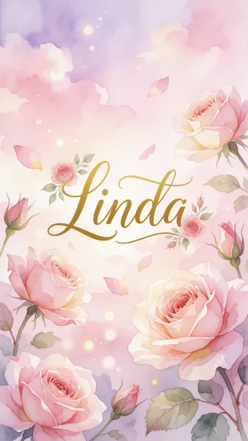 Linda diseño 10 - Diseño estilo acuarela con un fondo etéreo y texturizado en nubes de tonos rosa pastel y lila suave. Presenta composiciones de rosas abiertas y capullos en los bordes inferior y superior, con pétalos cayendo delicadamente. Incorpora destellos de luz cálida (efecto bokeh) y, en el centro, resalta una tipografía elegante, cursiva y fluida en color dorado.