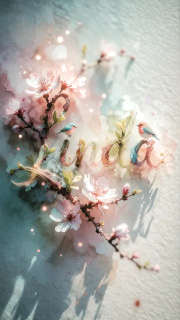 Linda diseño 11 - Un delicado diseño de estilo acuarela digital que combina una tipografía de caligrafía personalizada para el nombre en tonos dorados y rosados suaves, adornada con pequeñas hojas y brotes. Un pajarito azul y naranja vibrante está posado en una de las letras. Todo está rodeado por un marco circular de ramas de cerezo en flor con delicadas flores rosadas y blancas. El fondo es un lavado de acuarela difuminado en tonos pastel suaves de azul cerceta, rosa rubor y melocotón sobre una textura de papel rugoso, con destellos luminosos y motas de luz bokeh flotando alrededor, creando una atmósfera mágica y soñadora. Las sombras suaves proyectadas añaden profundidad.