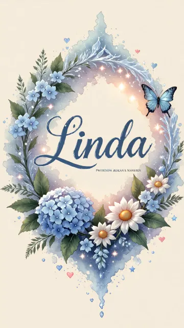 Linda diseño 4 - Composición magica con nombre en letra cursiva azul, rodeado de hortensias azules, margaritas blancas y delicadas flores silvestres, enmarcado por suaves remolinos de agua, mariposas azules y destellos estelares sobre un fondo etéreo y romántico.
