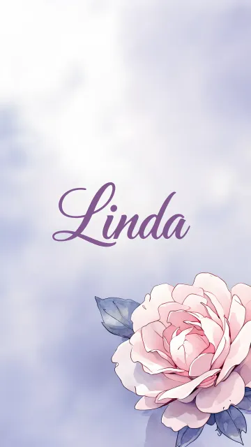 Linda diseño 5 - Nombre en elegante tipografía cursiva caligráfica en tono lavanda, sobre fondo acuarela de cielo nublado en tonos pastel (azul, blanco, lavanda), decorado con rosa en acuarela de pétalos rosa pálido, blanco crema y lilas suaves con hojas en gris-verde.