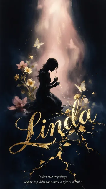 Linda diseño 6 - Composición de ilustración semirrealista cinematográfica con silueta femenina tejiendo un hilo dorado de luz sobre un suelo oscuro fracturado al estilo Kintsugi, donde el nombre resalta en un prominente guión caligráfico dorado que emerge de las grietas, rodeado de flores blancas, mariposas y un fondo degradado de azules profundos iluminado por una luz celestial en tonos melocotón y crema, con una frase de aliento en tipografía blanca en la parte inferior.