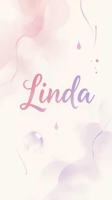 Linda diseño 7 - Diseño abstracto en acuarela sobre fondo crema, con manchas fluidas y etéreas en rosa pastel y lila, líneas curvas que aportan movimiento, pequeñas gotas salpicadas cayendo verticalmente y una burbuja translúcida en la parte superior izquierda. El nombre resalta al centro con una tipografía cursiva amplia y elegante en degradado rosa a morado.