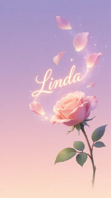 Linda diseño 8 - Fondo de Pantalla con degradado suave que transiciona de lila en la parte superior a melocotón y rosa pastel en la base, destacando una rosa rosada hiperrealista con tallo y hojas verdes. El nombre brilla en tipografía cursiva con efecto neón cálido, adornado con pétalos cayendo y chispas de luz mágica.