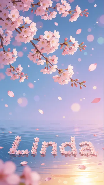 Linda diseño 9 - Composición serena y onírica con ramas de cerezo en flor (sakura) en la parte superior contra un cielo en degradado de azul suave y lila. Pétalos de color rosa pastel flotan delicadamente en el aire cayendo hacia una superficie de agua tranquila y cristalina. En el centro inferior, el nombre está formado por pétalos de flores con un sutil efecto de relieve 3D y tipografía floral, reflejándose sobre el agua que está iluminada por un cálido destello dorado de luz solar en la esquina inferior derecha.