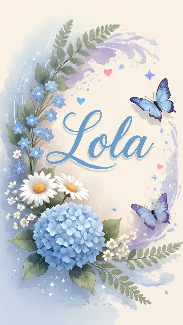 Lola diseño 1 - Hortensias azules, flores pequeñas y acuarela suave con mariposas azules y brillo etéreo