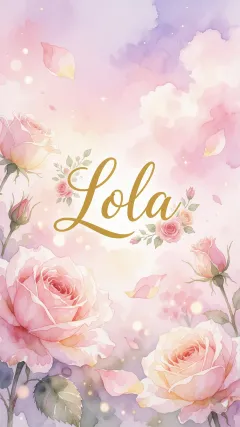 Lola - Diseño estilo acuarela con un fondo etéreo y texturizado en nubes de tonos rosa pastel y lila suave. Presenta composiciones de rosas abiertas y capullos en los bordes inferior y superior, con pétalos cayendo delicadamente. Incorpora destellos de luz cálida (efecto bokeh) y, en el centro, resalta una tipografía elegante, cursiva y fluida en color dorado.