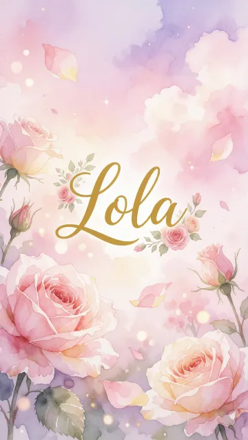 Lola diseño 10 - Diseño estilo acuarela con un fondo etéreo y texturizado en nubes de tonos rosa pastel y lila suave. Presenta composiciones de rosas abiertas y capullos en los bordes inferior y superior, con pétalos cayendo delicadamente. Incorpora destellos de luz cálida (efecto bokeh) y, en el centro, resalta una tipografía elegante, cursiva y fluida en color dorado.