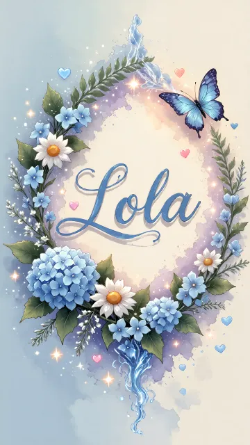 Lola diseño 4 - Composición magica con nombre en letra cursiva azul, rodeado de hortensias azules, margaritas blancas y delicadas flores silvestres, enmarcado por suaves remolinos de agua, mariposas azules y destellos estelares sobre un fondo etéreo y romántico.