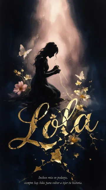 Lola diseño 6 - Composición de ilustración semirrealista cinematográfica con silueta femenina tejiendo un hilo dorado de luz sobre un suelo oscuro fracturado al estilo Kintsugi, donde el nombre resalta en un prominente guión caligráfico dorado que emerge de las grietas, rodeado de flores blancas, mariposas y un fondo degradado de azules profundos iluminado por una luz celestial en tonos melocotón y crema, con una frase de aliento en tipografía blanca en la parte inferior.