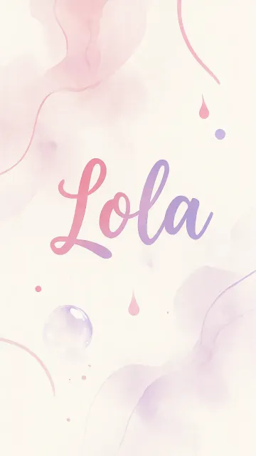 Lola diseño 7 - Diseño abstracto en acuarela sobre fondo crema, con manchas fluidas y etéreas en rosa pastel y lila, líneas curvas que aportan movimiento, pequeñas gotas salpicadas cayendo verticalmente y una burbuja translúcida en la parte superior izquierda. El nombre resalta al centro con una tipografía cursiva amplia y elegante en degradado rosa a morado.