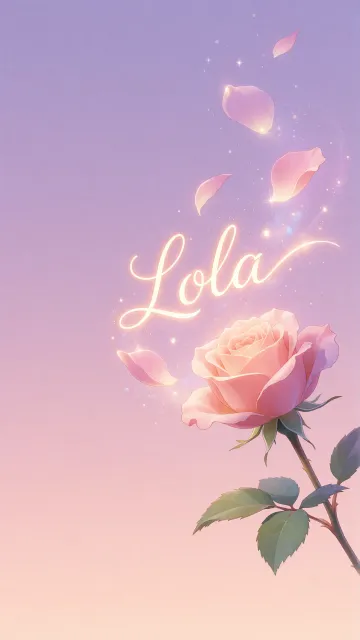 Lola diseño 8 - Fondo de Pantalla con degradado suave que transiciona de lila en la parte superior a melocotón y rosa pastel en la base, destacando una rosa rosada hiperrealista con tallo y hojas verdes. El nombre brilla en tipografía cursiva con efecto neón cálido, adornado con pétalos cayendo y chispas de luz mágica.