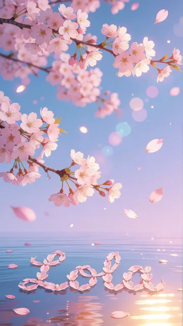 Lola diseño 9 - Composición serena y onírica con ramas de cerezo en flor (sakura) en la parte superior contra un cielo en degradado de azul suave y lila. Pétalos de color rosa pastel flotan delicadamente en el aire cayendo hacia una superficie de agua tranquila y cristalina. En el centro inferior, el nombre está formado por pétalos de flores con un sutil efecto de relieve 3D y tipografía floral, reflejándose sobre el agua que está iluminada por un cálido destello dorado de luz solar en la esquina inferior derecha.