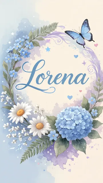 Lorena diseño 1 - Hortensias azules, flores pequeñas y acuarela suave con mariposas azules y brillo etéreo