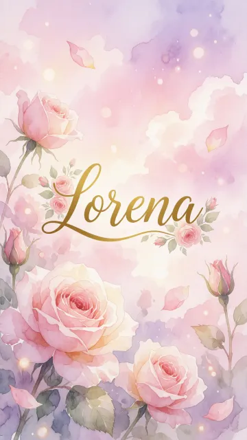 Lorena diseño 10 - Diseño estilo acuarela con un fondo etéreo y texturizado en nubes de tonos rosa pastel y lila suave. Presenta composiciones de rosas abiertas y capullos en los bordes inferior y superior, con pétalos cayendo delicadamente. Incorpora destellos de luz cálida (efecto bokeh) y, en el centro, resalta una tipografía elegante, cursiva y fluida en color dorado.