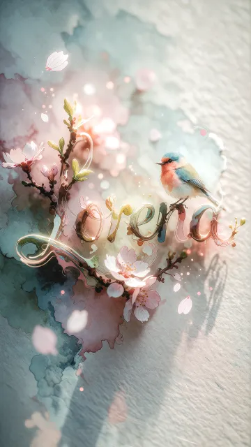 Lorena diseño 11 - Un delicado diseño de estilo acuarela digital que combina una tipografía de caligrafía personalizada para el nombre en tonos dorados y rosados suaves, adornada con pequeñas hojas y brotes. Un pajarito azul y naranja vibrante está posado en una de las letras. Todo está rodeado por un marco circular de ramas de cerezo en flor con delicadas flores rosadas y blancas. El fondo es un lavado de acuarela difuminado en tonos pastel suaves de azul cerceta, rosa rubor y melocotón sobre una textura de papel rugoso, con destellos luminosos y motas de luz bokeh flotando alrededor, creando una atmósfera mágica y soñadora. Las sombras suaves proyectadas añaden profundidad.
