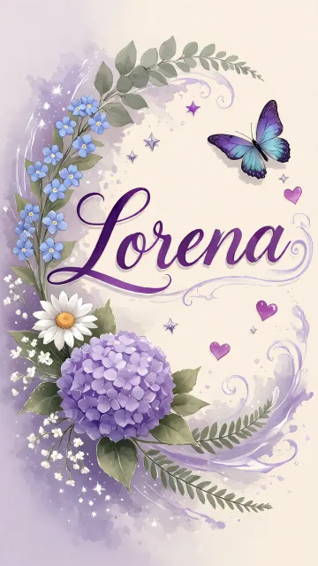 Lorena diseño 2 - Diseño elegante de hortensias en tonos lila y morados suaves, con volutas estilizadas y una mariposa mística que aporta un toque etéreo y mágico.
