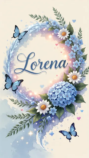 Lorena diseño 4 - Composición magica con nombre en letra cursiva azul, rodeado de hortensias azules, margaritas blancas y delicadas flores silvestres, enmarcado por suaves remolinos de agua, mariposas azules y destellos estelares sobre un fondo etéreo y romántico.