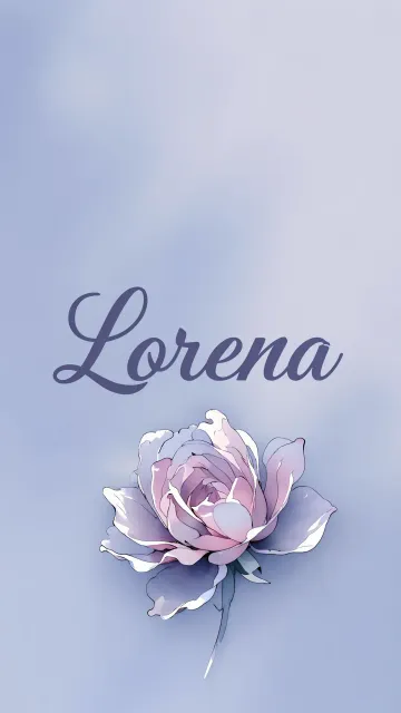 Lorena diseño 5 - Nombre en elegante tipografía cursiva caligráfica en tono lavanda, sobre fondo acuarela de cielo nublado en tonos pastel (azul, blanco, lavanda), decorado con rosa en acuarela de pétalos rosa pálido, blanco crema y lilas suaves con hojas en gris-verde.
