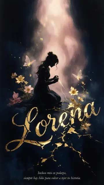 Lorena diseño 6 - Composición de ilustración semirrealista cinematográfica con silueta femenina tejiendo un hilo dorado de luz sobre un suelo oscuro fracturado al estilo Kintsugi, donde el nombre resalta en un prominente guión caligráfico dorado que emerge de las grietas, rodeado de flores blancas, mariposas y un fondo degradado de azules profundos iluminado por una luz celestial en tonos melocotón y crema, con una frase de aliento en tipografía blanca en la parte inferior.