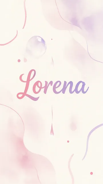 Lorena diseño 7 - Diseño abstracto en acuarela sobre fondo crema, con manchas fluidas y etéreas en rosa pastel y lila, líneas curvas que aportan movimiento, pequeñas gotas salpicadas cayendo verticalmente y una burbuja translúcida en la parte superior izquierda. El nombre resalta al centro con una tipografía cursiva amplia y elegante en degradado rosa a morado.