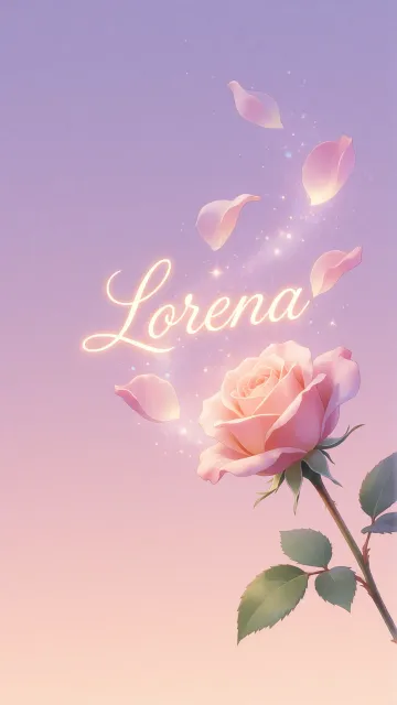 Lorena diseño 8 - Fondo de Pantalla con degradado suave que transiciona de lila en la parte superior a melocotón y rosa pastel en la base, destacando una rosa rosada hiperrealista con tallo y hojas verdes. El nombre brilla en tipografía cursiva con efecto neón cálido, adornado con pétalos cayendo y chispas de luz mágica.