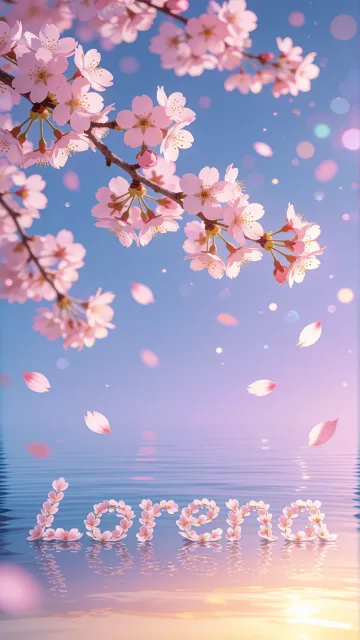 Lorena diseño 9 - Composición serena y onírica con ramas de cerezo en flor (sakura) en la parte superior contra un cielo en degradado de azul suave y lila. Pétalos de color rosa pastel flotan delicadamente en el aire cayendo hacia una superficie de agua tranquila y cristalina. En el centro inferior, el nombre está formado por pétalos de flores con un sutil efecto de relieve 3D y tipografía floral, reflejándose sobre el agua que está iluminada por un cálido destello dorado de luz solar en la esquina inferior derecha.