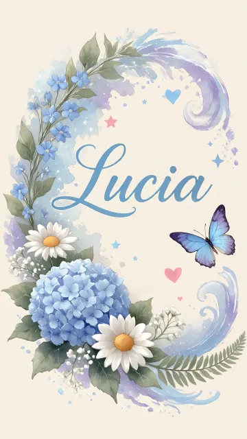 Lucia diseño 1 - Hortensias azules, flores pequeñas y acuarela suave con mariposas azules y brillo etéreo