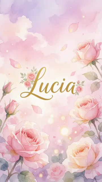Lucia diseño 10 - Diseño estilo acuarela con un fondo etéreo y texturizado en nubes de tonos rosa pastel y lila suave. Presenta composiciones de rosas abiertas y capullos en los bordes inferior y superior, con pétalos cayendo delicadamente. Incorpora destellos de luz cálida (efecto bokeh) y, en el centro, resalta una tipografía elegante, cursiva y fluida en color dorado.