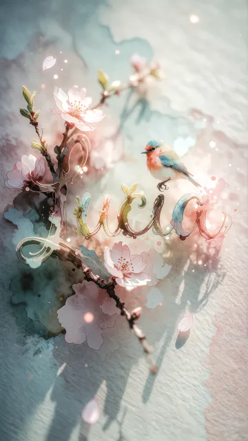 Lucia diseño 11 - Un delicado diseño de estilo acuarela digital que combina una tipografía de caligrafía personalizada para el nombre en tonos dorados y rosados suaves, adornada con pequeñas hojas y brotes. Un pajarito azul y naranja vibrante está posado en una de las letras. Todo está rodeado por un marco circular de ramas de cerezo en flor con delicadas flores rosadas y blancas. El fondo es un lavado de acuarela difuminado en tonos pastel suaves de azul cerceta, rosa rubor y melocotón sobre una textura de papel rugoso, con destellos luminosos y motas de luz bokeh flotando alrededor, creando una atmósfera mágica y soñadora. Las sombras suaves proyectadas añaden profundidad.