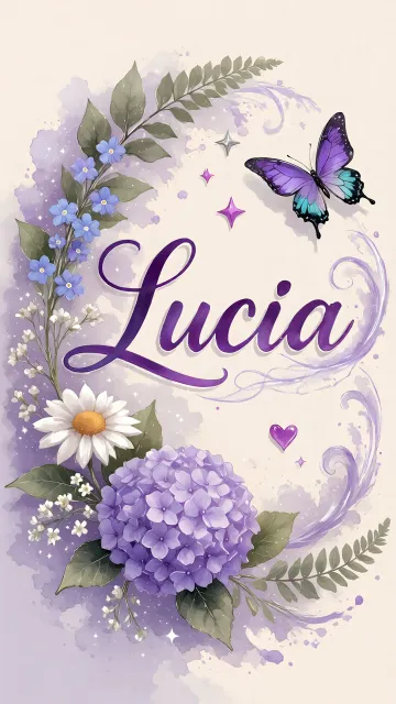 Lucia diseño 2 - Diseño elegante de hortensias en tonos lila y morados suaves, con volutas estilizadas y una mariposa mística que aporta un toque etéreo y mágico.
