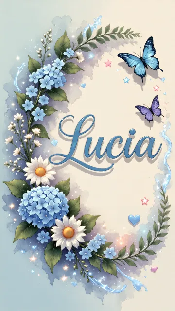 Lucia diseño 4 - Composición magica con nombre en letra cursiva azul, rodeado de hortensias azules, margaritas blancas y delicadas flores silvestres, enmarcado por suaves remolinos de agua, mariposas azules y destellos estelares sobre un fondo etéreo y romántico.