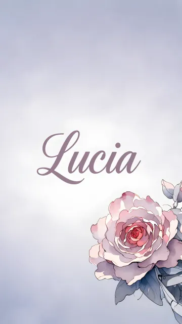 Lucia diseño 5 - Nombre en elegante tipografía cursiva caligráfica en tono lavanda, sobre fondo acuarela de cielo nublado en tonos pastel (azul, blanco, lavanda), decorado con rosa en acuarela de pétalos rosa pálido, blanco crema y lilas suaves con hojas en gris-verde.