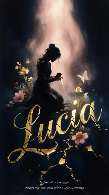 Lucia diseño 6 - Composición de ilustración semirrealista cinematográfica con silueta femenina tejiendo un hilo dorado de luz sobre un suelo oscuro fracturado al estilo Kintsugi, donde el nombre resalta en un prominente guión caligráfico dorado que emerge de las grietas, rodeado de flores blancas, mariposas y un fondo degradado de azules profundos iluminado por una luz celestial en tonos melocotón y crema, con una frase de aliento en tipografía blanca en la parte inferior.