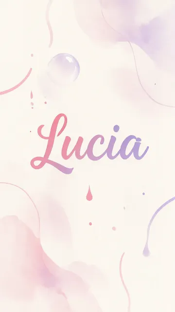 Lucia diseño 7 - Diseño abstracto en acuarela sobre fondo crema, con manchas fluidas y etéreas en rosa pastel y lila, líneas curvas que aportan movimiento, pequeñas gotas salpicadas cayendo verticalmente y una burbuja translúcida en la parte superior izquierda. El nombre resalta al centro con una tipografía cursiva amplia y elegante en degradado rosa a morado.