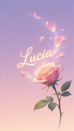 Lucia - Fondo de Pantalla con degradado suave que transiciona de lila en la parte superior a melocotón y rosa pastel en la base, destacando una rosa rosada hiperrealista con tallo y hojas verdes. El nombre brilla en tipografía cursiva con efecto neón cálido, adornado con pétalos cayendo y chispas de luz mágica.