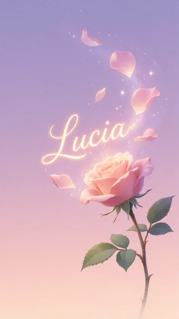 Lucia diseño 8 - Fondo de Pantalla con degradado suave que transiciona de lila en la parte superior a melocotón y rosa pastel en la base, destacando una rosa rosada hiperrealista con tallo y hojas verdes. El nombre brilla en tipografía cursiva con efecto neón cálido, adornado con pétalos cayendo y chispas de luz mágica.