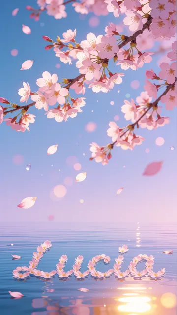 Lucia diseño 9 - Composición serena y onírica con ramas de cerezo en flor (sakura) en la parte superior contra un cielo en degradado de azul suave y lila. Pétalos de color rosa pastel flotan delicadamente en el aire cayendo hacia una superficie de agua tranquila y cristalina. En el centro inferior, el nombre está formado por pétalos de flores con un sutil efecto de relieve 3D y tipografía floral, reflejándose sobre el agua que está iluminada por un cálido destello dorado de luz solar en la esquina inferior derecha.