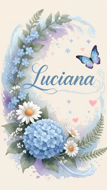 Luciana diseño 1 - Hortensias azules, flores pequeñas y acuarela suave con mariposas azules y brillo etéreo